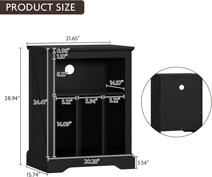 Farmhouse Record Player Stand, 3 Tier Turntable Stand with Vinyl Record Storage ,Wood Record Holder Cabinet Dispaly Shelf for Living Room,Bedroom,Office,Black