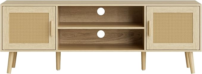 TV Stand for 55-65inch TV, Rattan Entertainment Center with Soft Hinge Door,TV Console Table with 2 Cabinets with Gold Handle and Feet,for Living Room, Bedroom, Natural