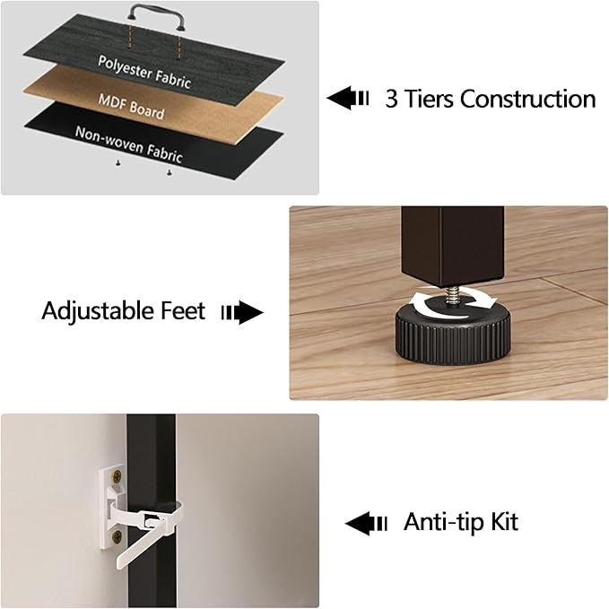 Furnulem Bedroom Dresser for 55”Long TV Stand Entertainment Center Dressers & Chests of Drawers,10 Storage Fabric Drawer, Sturdy Metal Frame Tall Storage Cabinet for Living Room, Entryway, Black Oak