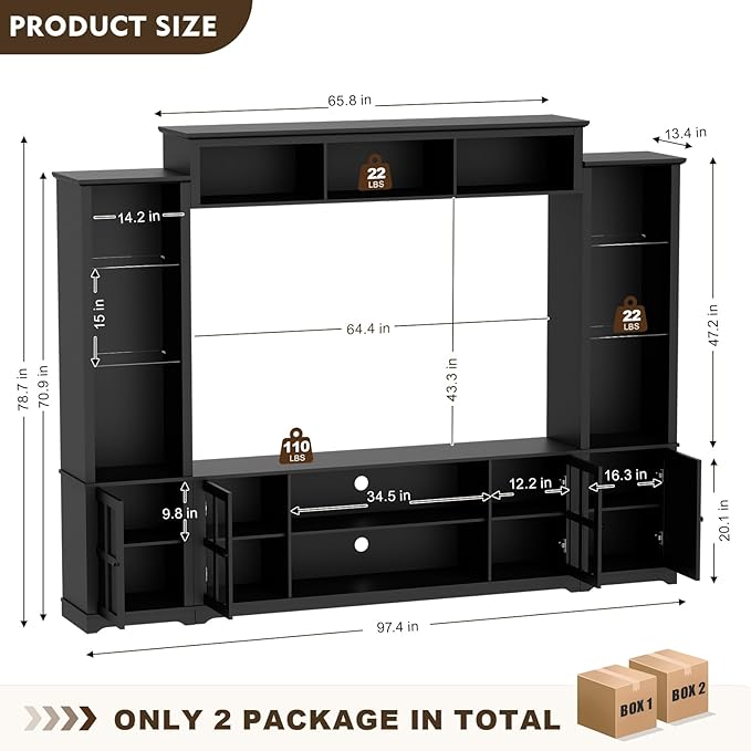 Wall Unit TV Stand with Storage & LED Lights, Large Entertainment Center with Bookshelves for TVs up to 75", Media Console for Living Room, Black
