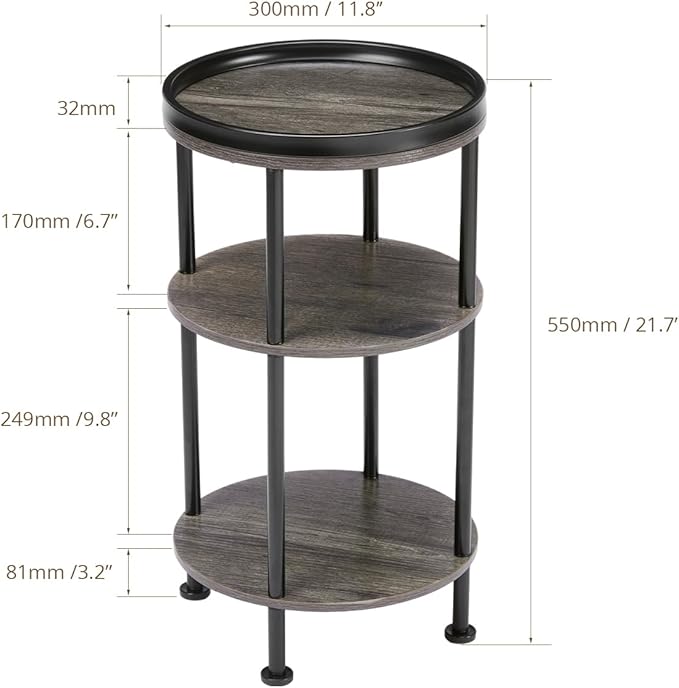 Small Round Side Table for Small Spaces, 3-Tier Round Accent Table Slim Side Table, Modern Sofa Corner Table for Living Room Nightstand Bedroom (Grey)