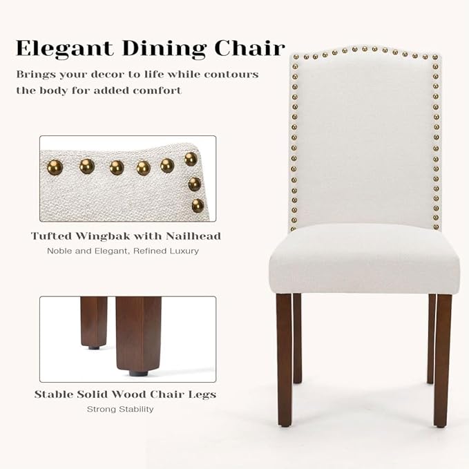 Kitchen Chairs Set of 2 Modern Upholstered Fabric Seat with Nailhead Trim and Ergonomic Lumbar Support for Living Room and Rustic Farmhouse Dining Area, Dark Brown