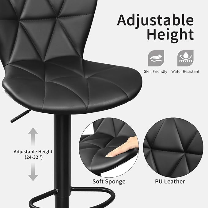 Bar Stools Set of 2, Adjustable Swivel Bar Chairs with Shell Back, PU Leather Counter Height Bar Stools for Kitchen lsland, Black