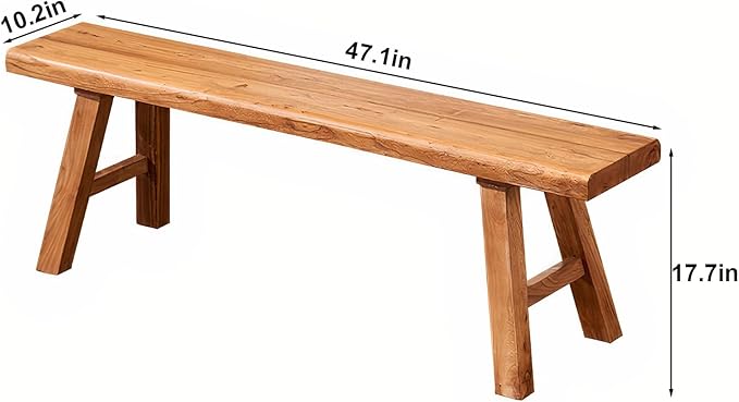 Farmhouse Wood Bench Indoor - 47.1Inch entryway Bench, Natural Solid Wood, Durable and Sturdy, Suitable for Dining Room, Bedroom, Porch and Other Narrow Spaces