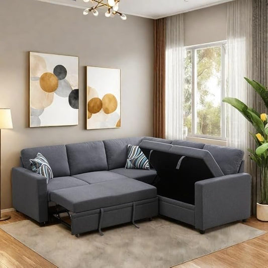 4-Piece L Shaped Sofa Set with Storage Chaise, Convertible Pull Out Couch with Movable Ottoman, Modular Sectional Sofa for Living Room, Apartment, Office, Gray