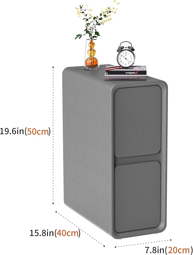VICITON Modern Narrow Faux Leather Nightstand, Solid Wood Drawer, Storage Accent Table, Small Side End Table for Bedroom (Gray, Narrow)