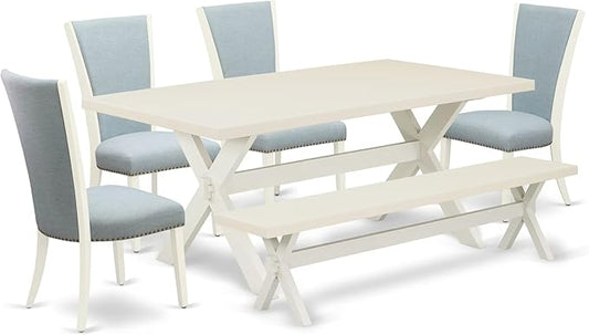 East West Furniture X027VE215-6 6 Piece Dinette Set Contains a Rectangle Dining Table with X-Legs and 4 Baby Blue Linen Fabric Parson Chairs with a Bench, 40x72 Inch, Multi-Color