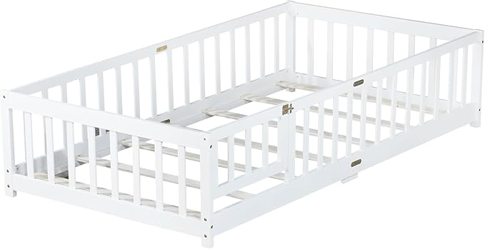 Twin Floor Bed Frame with Slats and Safety Guardrail, Wood Twin Size Montessori Floor Bed with Door and Fence, Easy Assemble Montessori Beds for Kids, Girls, Boys, White