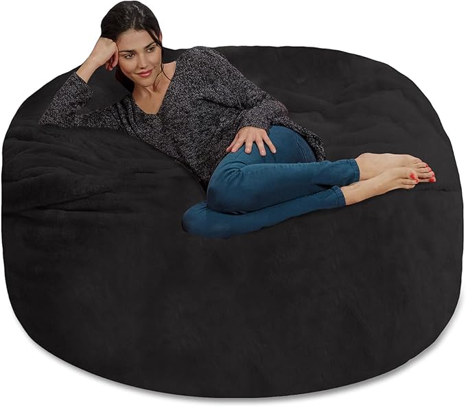 Chill Sack Bean Bag Chair - 5' Giant Memory Foam Lounge Chair with Soft Microfiber Cover – Cozy Furniture for Living Room, Dorm, & Kids' Rooms – Comfortable 5 Ft, Faux Rabbit Fur Lounge Sofa, Black