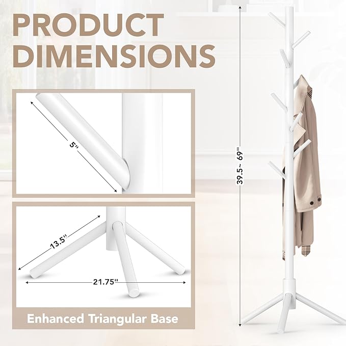 Wooden Tree Coat Rack Stand,Sturdy Freestanding Coat Rack with 8 Hooks,3 Adjustable Height for Child Adult,Wood Coat Stand Tree Fits Entryway Bedroom Office for Bags,Hats, 2 Pack