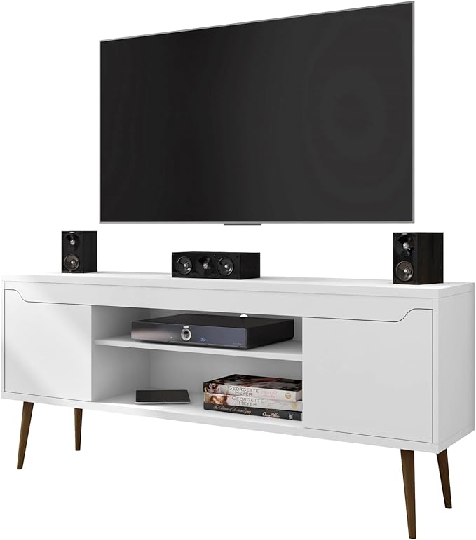 Manhattan Comfort Bradley Mid Century Modern TV Stand for Televisions up to 60 Inches, Living Room Entertainment Center with Storage, Media Shelves and Soft Close Doors, White