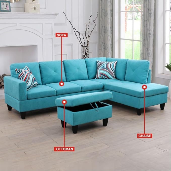 Light Blue L-Shaped 3-Piece Linen Sofa with Storage Ottoman Set, Sectional Couch Sofa Set for Living Room, Office, Small Space