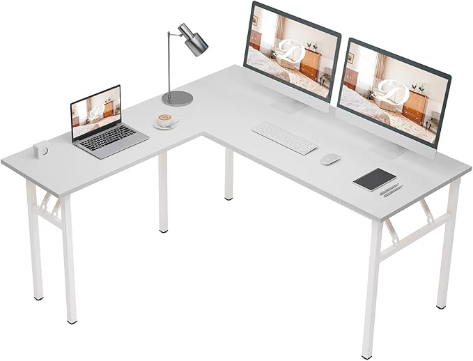 DlandHome Reversible L-Shaped Desk Large Corner Desk Folding Table Computer Desk Home Office Table Computer Workstation,White-N