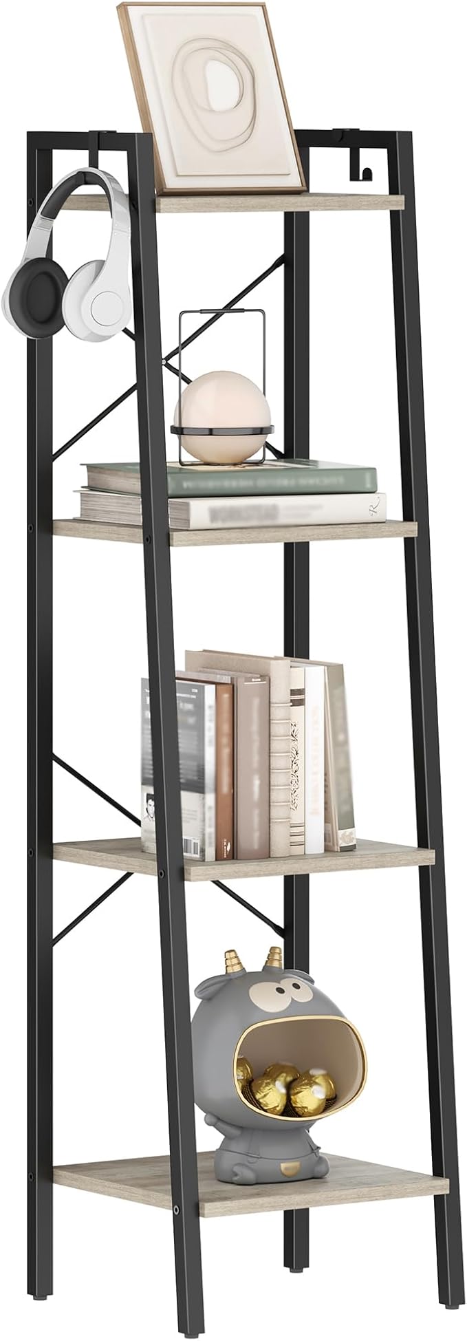 Ladder Shelf, Bookshelf Bookcase, Freestanding Corner Storage Shelve with 2 Hooks for Home Office, Living Room, Kitchen, Bedroom, Industrial, 4-Tier Greige BC13205B