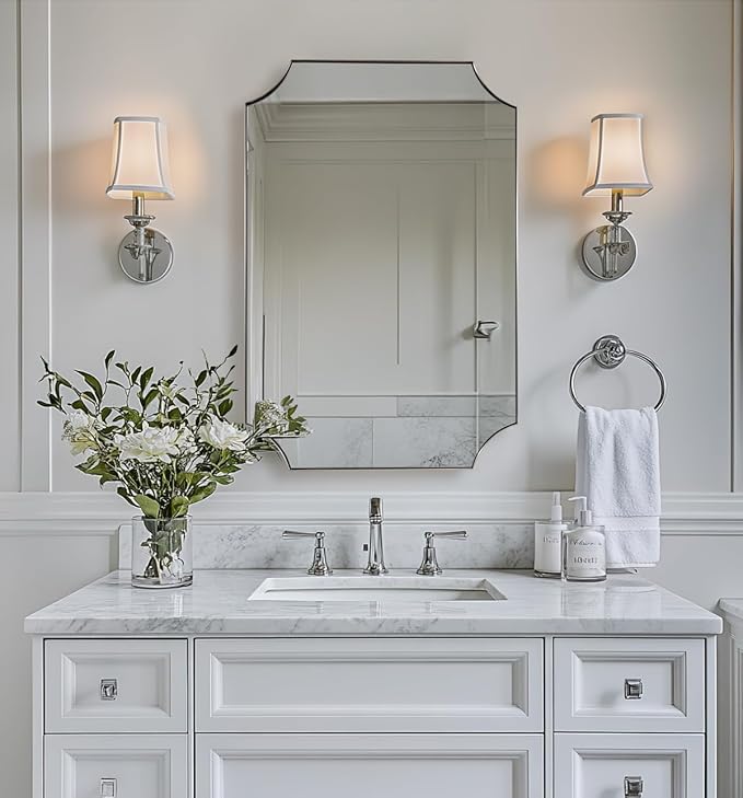 ANDY STAR Brushed Nickel Mirror 24x36 Inch, Scalloped Bathroom Mirror, Silver Vanity Mirror in Anti-Rust Stainless Steel Metal Thin Frame Deep 1’’, Wall-Mounted Mirror (Horizontal/Vertical)