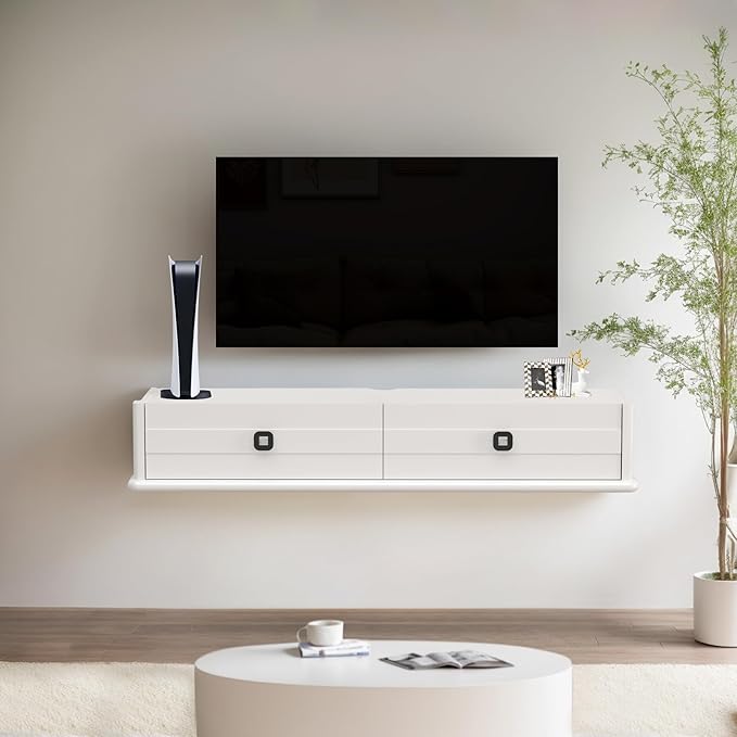 Pmnianhua High Gross Floating TV Stand,51'' Solid Wood Wall Mounted TV Console,Floating Entertainment Center with Door and Drawer,Under TV Shelf for TVs up to 60''(White)
