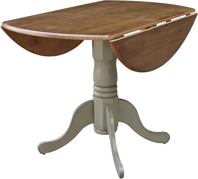 IC International Concepts, 42" Round Dual Drop Leaf Pedestal Dining Table, Solid Real Wood, Sturdy Parawood, Distressed Hickory/Stone