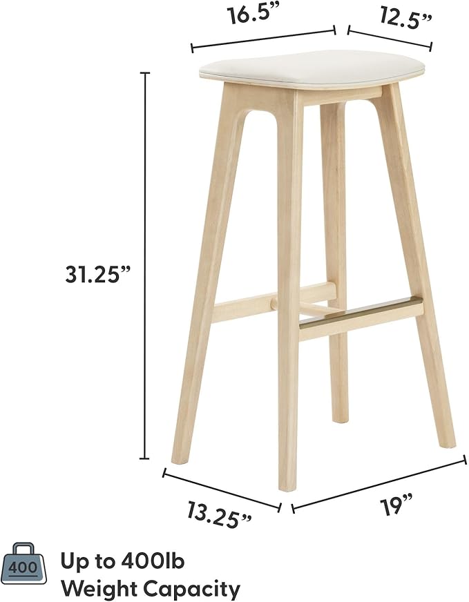 Plank+Beam Beryl Bar Height Stool - Mid-Century Modern Rubberwood Bar Stool with Faux Leather Seat, Metal Footrest, Easy Assembly, 4-Pack, Blonde/Sesame
