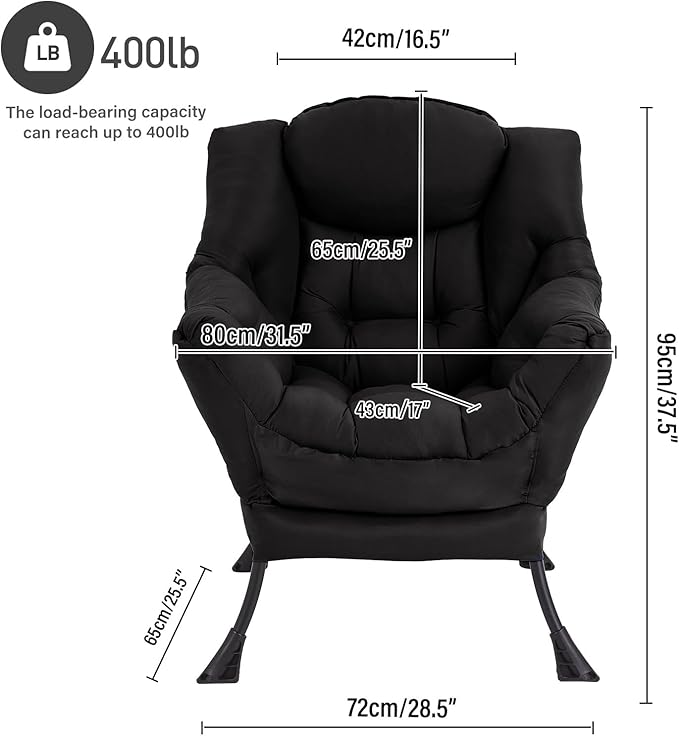 Lazy Chair, Reading Armchair, Large Modern Lounge Accent Chair, Leisure Sofa Chair for Living Room, Bedroom, Dorm Room (Black)
