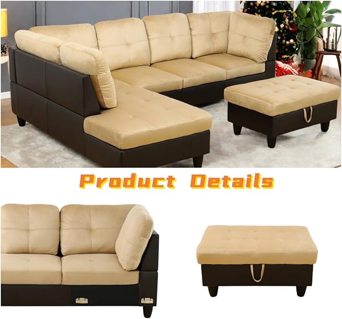 L Shaped Sectional Couch with Otttoman, 103" Sectional Sofa for Living Room Flannel Modular Couches with Cup Holders for Bedroom, Apartments, Beige &Brown