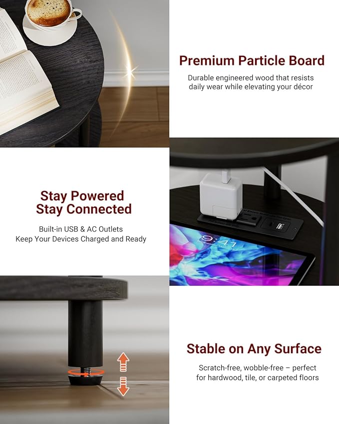 Small Round End Table - 3 Tier Design Accent Table, Narrow Side or Bedside Stand, Industrial Vintage Table for Small Spaces, Built-in USB Ports and Power Outlet, Charcoal Wenge