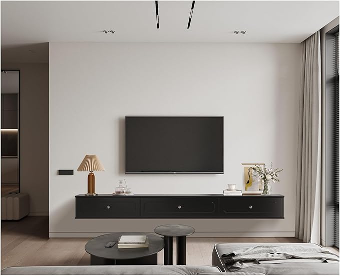 Retro Floating TV Console with 3 Doors,47'' High Gloss Floating TV Stand,Wall Mounted TV Cabinet,Contemporary Floating Media Console for Under TV Storage,Living Room,Bedroom(Black)