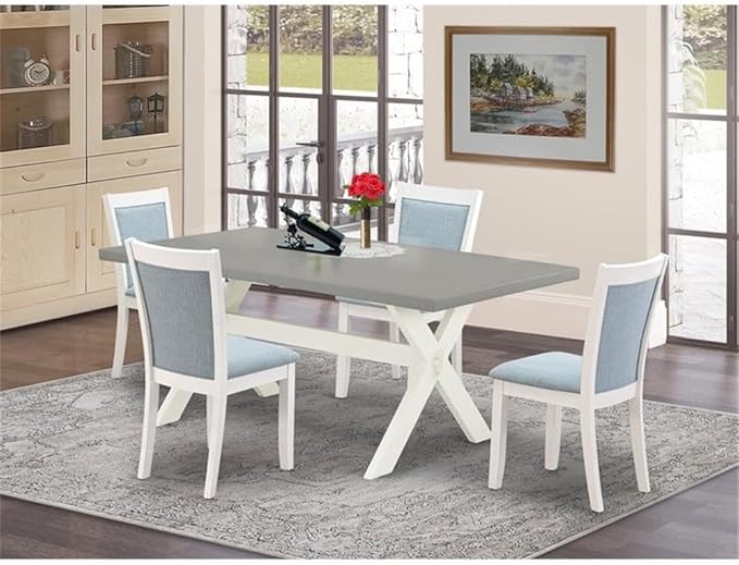 East West Furniture X097MZ015-5 5 Piece Modern Dining Table Set Includes a Rectangle Wooden Table with X-Legs and 4 Baby Blue Linen Fabric Upholstered Chairs, 40x72 Inch, Multi-Color