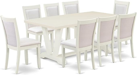 East West Furniture V027MZ001-9 9 Piece Modern Dining Table Set Includes a Rectangle Wooden Table with V-Legs and 8 Cream Linen Fabric Parsons Dining Chairs, 40x72 Inch, Multi-Color