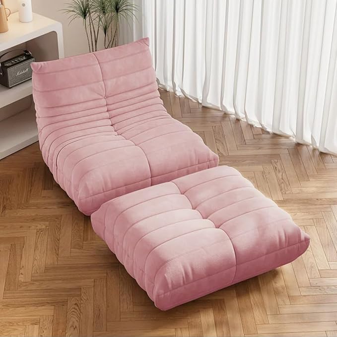 Bean Bag Chair - Memory Foam Bean Bag Chair for Adults, Comfy High-Resilience Single Sofa, Small Space Floor Chair, Chaise Lounge for Living Room, Bedroom (Pink, Wrinkles+Ottoman)