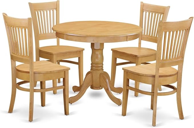 East West Furniture ANVA5-OAK-W 5 Piece Dining Set Includes a Round Dining Room Table with Pedestal and 4 Wood Seat Chairs, 36x36 Inch, Oak
