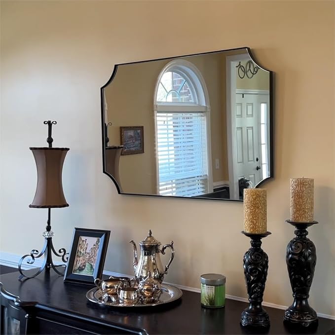 ANDY STAR Matte Black Bathroom Mirror, 22x30'' Scalloped Mirror for Bathroom, Unique Rectangle Bathroom Mirror in Premium Stainless Steel Frame, Deep 1", Ideal for Limited Space
