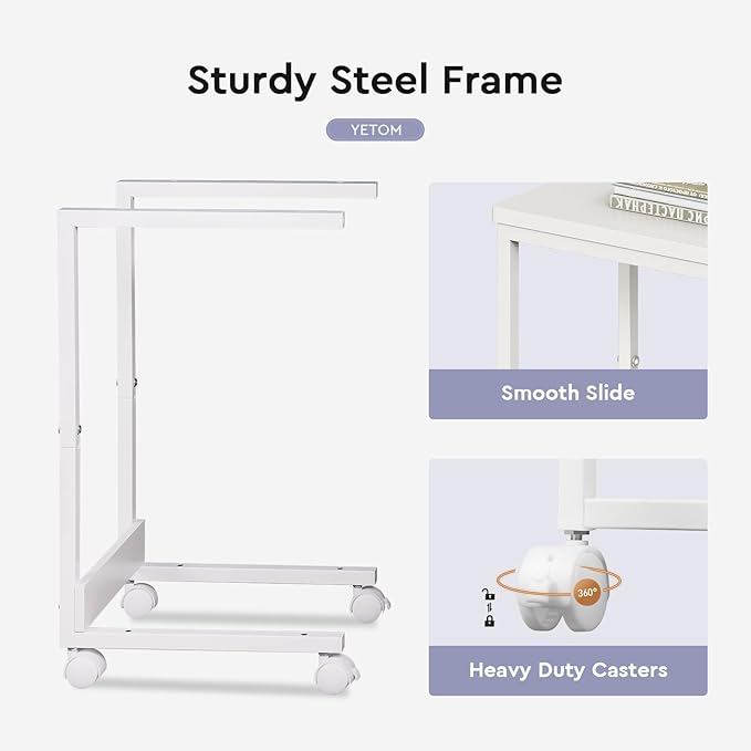Side Table,C Table with 2-Tier Storage Shelf, End Table TV Tray with Metal Frame, Sofa Table with Wheels for Living Room, Bedroom, Office, Bathroom, Easy Assembly, White