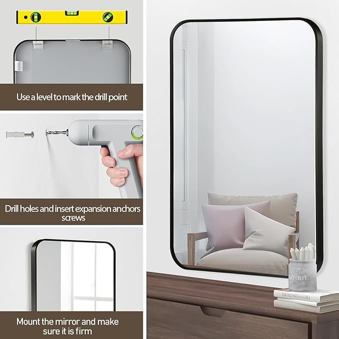 Black Bathroom Mirror, 40x30 Inch Matte Black Mirror, Aluminum Alloy Framed Vanity Mirror, Rounded Rectangle Bathroom Mirror for Over Sink, Anti-Rust Wall Mirror (Horizontally or Vertically)