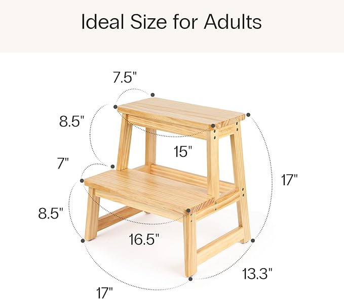 StrongTek Wooden Step Stool for Adults, 2-Tier, 300 lbs Capacity, Durable and Lightweight, Portable with Anti-Slip Feet, for Kitchen, Bathroom, Bedroom, or Closet, 17" Tall