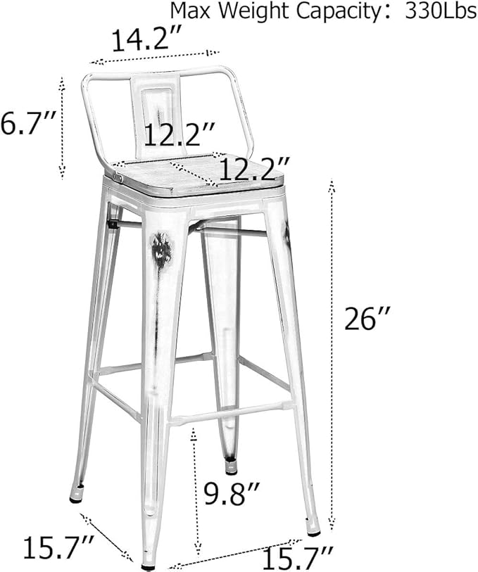 26 Inch Swivel Bar Stools Set of 4 with Backs Counter Height Industrial Metal Barstools Island Bar Chairs for Home Kitchen Dining Room (Swivel 26 inch, Distressed White Wooden)