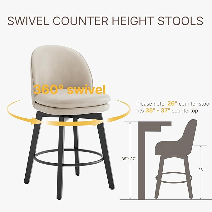Counter Height Barstools 26 inch Upholstered Swivel Bar Stools with Back and Wood Legs for Kitchen Island,Set of 2,Beige PU Leather-Armless