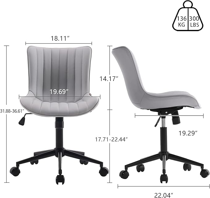 YOUNIKE Grey Home Office Desk Chair with Wheels Ergonomic Comfy Armless Vanity Chair with Back Modern Leather Upholstered Rolling Task Chair Small Cute Computer Drafting Sewing Chair Swivel Adjustable