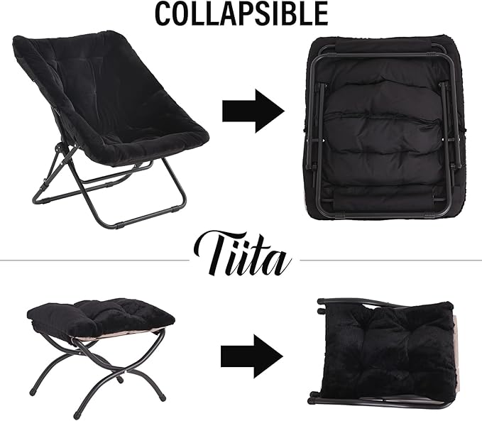Tiita Folded Chair with Ottoman, Soft Faux Fur Oversized Folding Accent Chair,Lounge Lazy Chair, Metal Frame Moon Chair for Bedroom, Living Room, Dorm Rooms, Garden and Courtyard