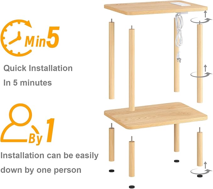 Apicizon 2 Tier End Table Set of 2, Small Side Table with Charging Station, Boho Bedside Table with USB Ports and Outlets, Nightstand for Small Spaces, Bedroom, Living Room, Easy Assembly, Natural