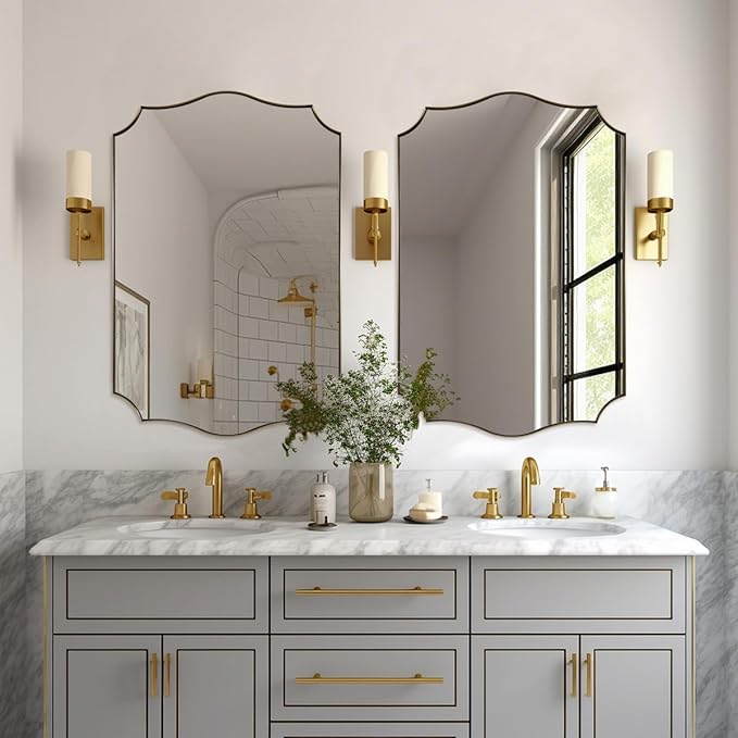 24x32 Gold Mirror, Brushed Gold Scalloped Mirror for Bathroom in Premium Stainless Steel Metal Thin Frame Deep 1", Antique Brass Irregular Wall Mirror Hangs Horizontal or Vertical