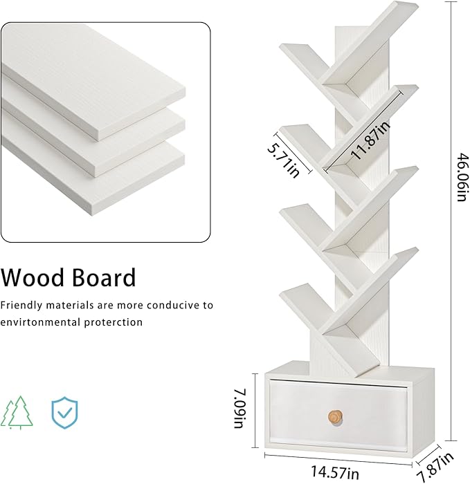 8 Tier Tree Bookshelf with Drawer, Free Standing Wood Bookcase for Narrow Space, Storage Organizer Bookshelves for Books, Book Case for Home Office, Living Room, Bedroom - Sweet White