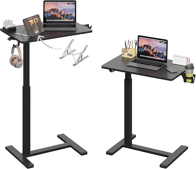 Gas Spring Adjustable Height Rolling Portable Laptop Desk, Mobile Standing Desk on Wheels, Small Sit Stand Desk with Laptop Stand/Cup Holder/Hook (Black, 26"x19")