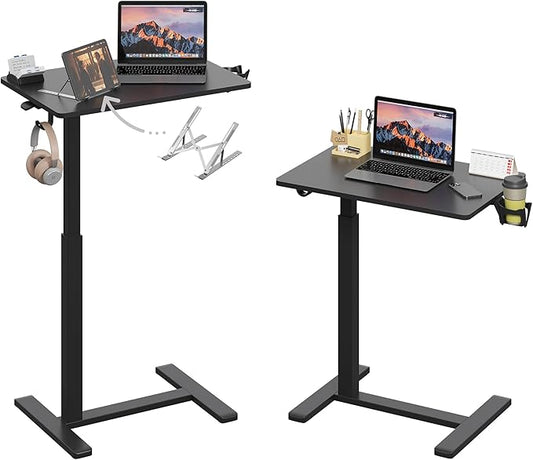 Gas Spring Adjustable Height Rolling Portable Laptop Desk, Mobile Standing Desk on Wheels, Small Sit Stand Desk with Laptop Stand/Cup Holder/Hook (Black, 26"x19")