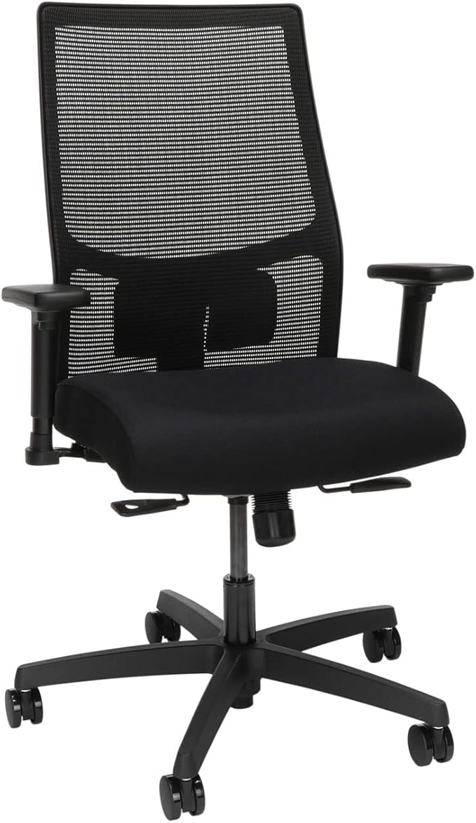 HON Ignition 2.0 Mid Back Task Chair, Standard Synchro-Tilt Control, Office Chair with Lumbar Support, Height and Width Adjustable Arms, Black Frame, Black