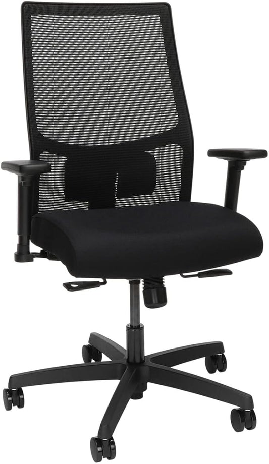 HON Ignition 2.0 Mid Back Task Chair, Standard Synchro-Tilt Control, Office Chair with Lumbar Support, Height and Width Adjustable Arms, Black Frame, Black