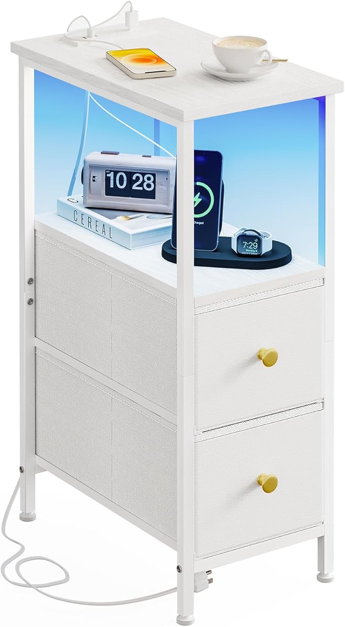 Fixwal Narrow Side Table with Charging Station and LED Light, Skinny Nightstand with 2 Fabric Drawers, Slim End Table for Bedroom, Dorm, Small Space, White
