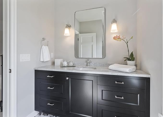 ANDY STAR Square Brushed Nickel Mirror for Bathroom, 24”x24” Silver Metal Frame Wall Mirror, Rounded Corner Stainless Steel Mirror Hangs Horizontal Or Vertical