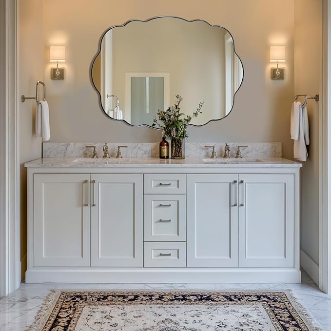 ANDY STAR Chrome Vintage Scalloped Mirror - 30x40 Inch Retro Bathroom Mirror, Unique Irregular Oval Wavy Mirror with Heavy Duty Metal Frame