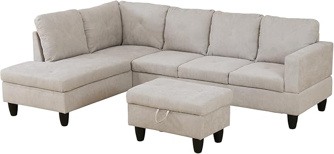 97" Oversized Sectional Couch, L Shaped Couch with Storage Ottoman, Modern Modular Sofa with Deep Seat, Sectional Couches for Living Room and Office, Off-White (Flannelette)
