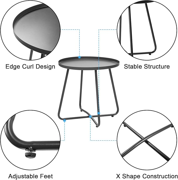Dia.17.7ins Steel Round Coffee Table, Steel Tray Table, Side Table, Outdoor and Indoor Use, Weather Resisitant, Patio, Balcony, Garden, Backyard (Grey)